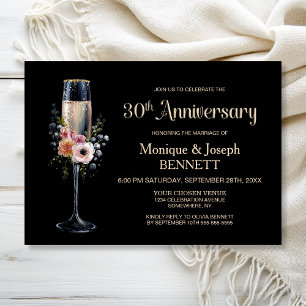 Invitation Verre à champagne floral 30e anniversaire de maria