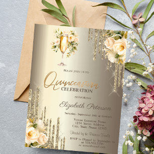 Invitation Verre à champagne floral avec gouttes de paillette