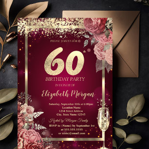 Invitation Verre à Champagne Or Confettis Floral Rouge 60 ans