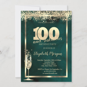 Invitation Verre à Champagne Or Confettis Vert 100e Anniversa