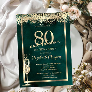 Invitation Verre à Champagne Or Confettis Vert 80e Anniversai