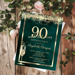 Invitation Verre à Champagne Or Confettis Vert 90e Anniversai