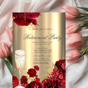 Invitation Verre à Champagne Roses Rouges Fête de Retraite Or