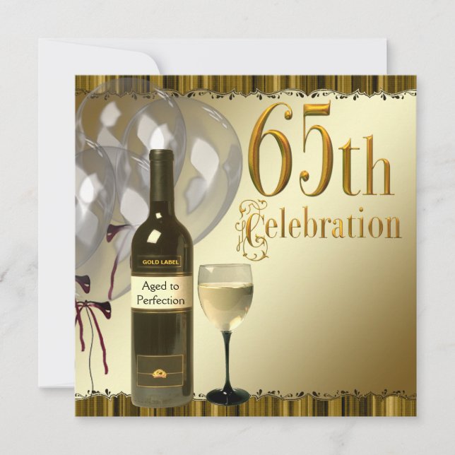 Invitation Verre à vin Bouteille Or 65e anniversaire (Devant)
