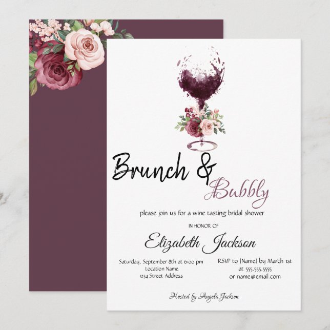 Invitation Verre à vin Brunch Floral & Fête des mariées Bubbl (Devant / Derrière)