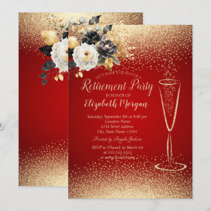 Invitation Verre à vin Confettis Fleurs Noires Retraite Rouge