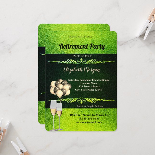 Invitation Verre à vin élégant ,Ballons,Retraite verte  (Devant/Arrière en situation)