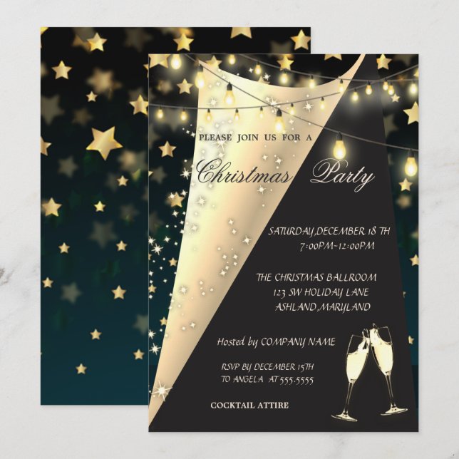 Invitation Verre à vin, Étoiles, Lumières Entreprise Noël (Devant / Derrière)