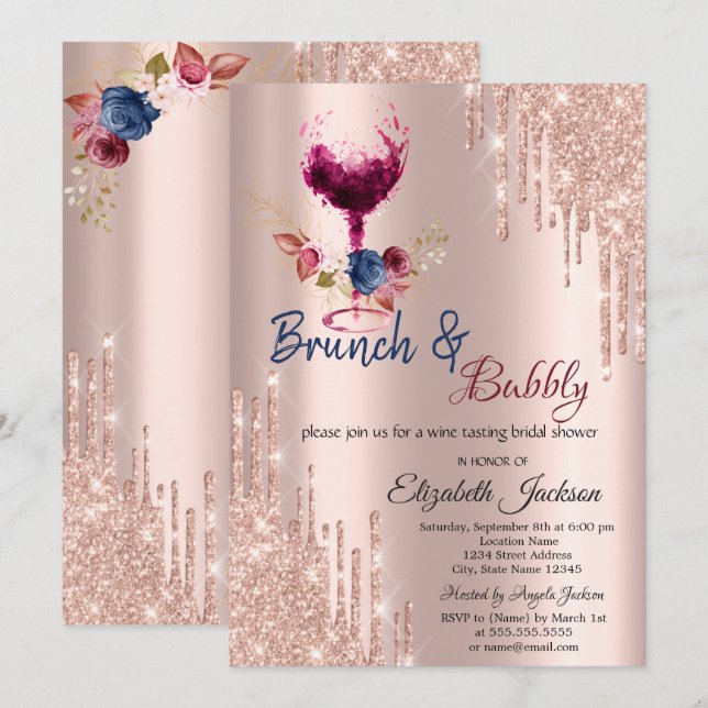 Invitation Verre à vin, Fête des mariées de brunch et de mous (Devant / Derrière)