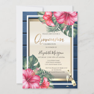 Invitation Verre à vin, Hibiscus Quinceanera en bois bleu