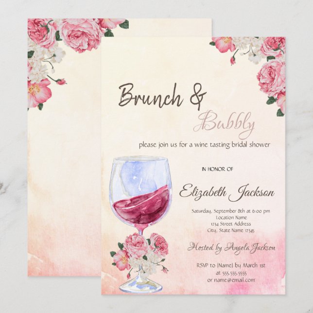 Invitation Verre à vin Rose aquarelle Fête des mariées (Devant / Derrière)