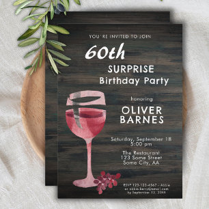 Invitation Verre à vin rouge bois 60e anniversaire fête surpr