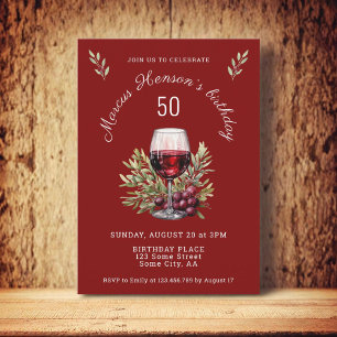 Invitation Verre à vin rouge olive aquarelle 50e anniversaire
