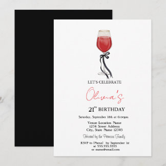 Invitation Verre à vin simple noir avec nœud 21e anniversaire