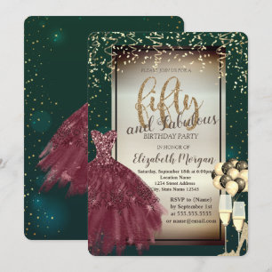 Invitation Verre, Ballons, Robe rouge, 50e anniversaire vert