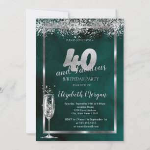 Invitation Verre Champagne Argent Confetti Vert 40e