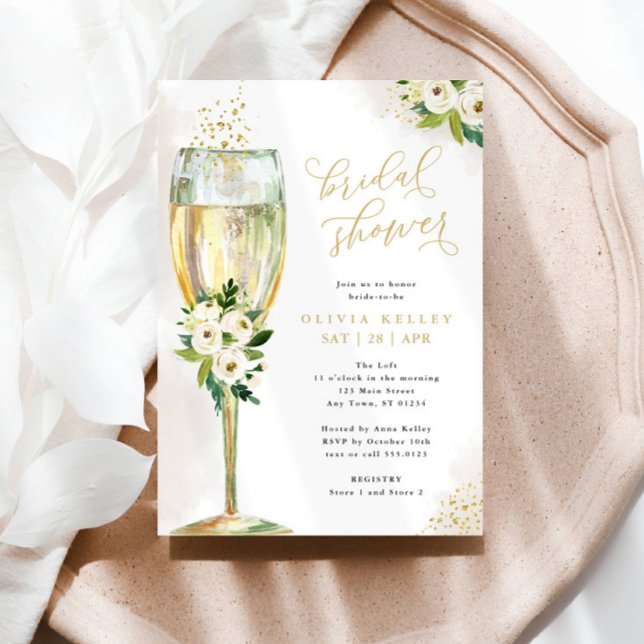 Invitation Verre Champagne Blanc & Or Fête des mariées Floral (Créateur téléchargé)