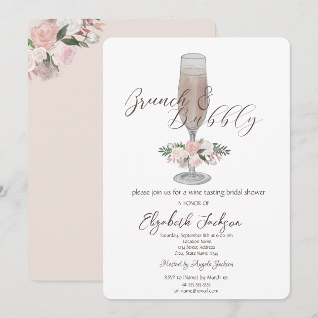Invitation Verre de Champagne Chic, Brunch Rose & Bubbly (Devant / Derrière)
