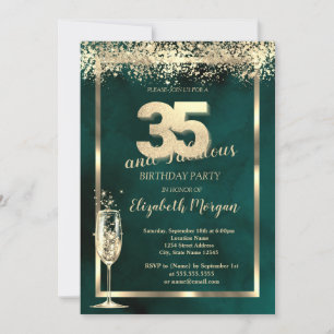 Invitation Verre de Champagne Gold Confetti Vert 35e annivers