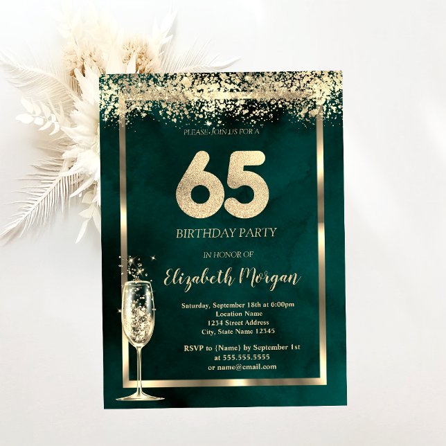 Invitation Verre de Champagne Gold Confetti Vert 65e annivers (Créateur téléchargé)