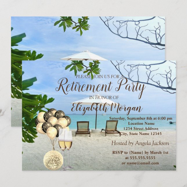 Invitation Verre de vin d'or, Ballons, Parti de retraite de p (Devant / Derrière)