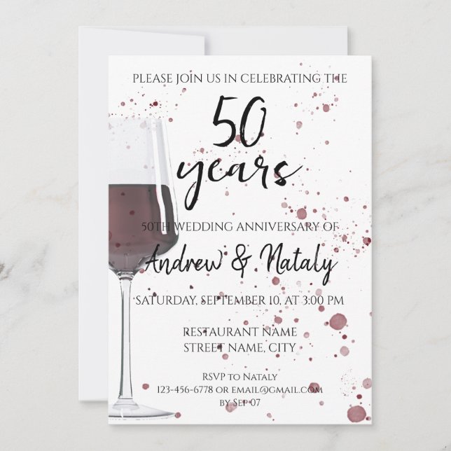 Invitation Verre de vin rouge aquarelle sur blanc (Devant)