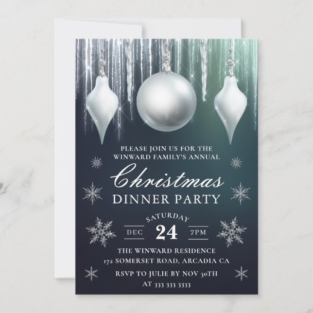 Invitation Verre d'hiver Baubles et Flammes de neige Dîner de (Devant)