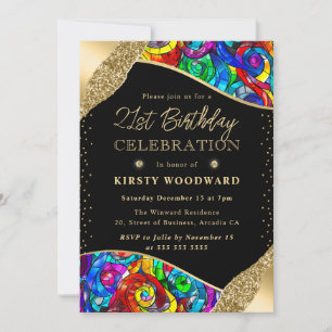 Invitation Verre multicolore et doré pour 21e anniversaire