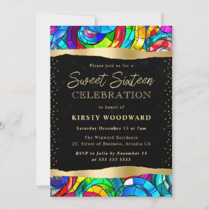 Invitation Verre multicolore et doré pour un Sweet 16