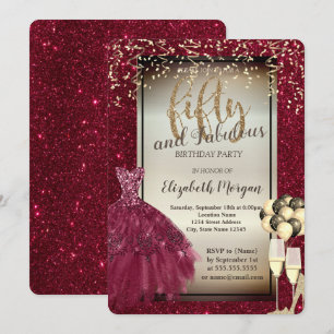 Invitation Verre Pailleté, Ballons, Robe Rouge 50e Anniversai