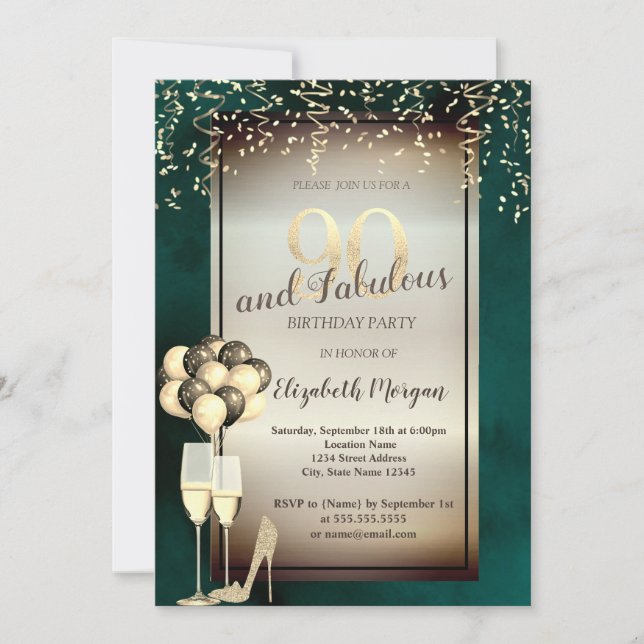 Invitation Verre Parties scintillant or, Ballons Vert 90e ann (Devant)