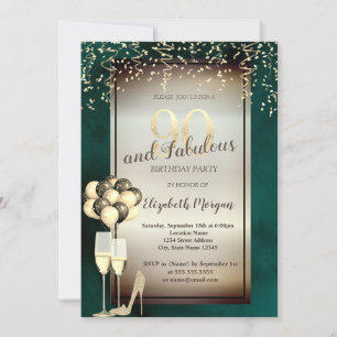 Invitation Verre Parties scintillant or, Ballons Vert 90e ann