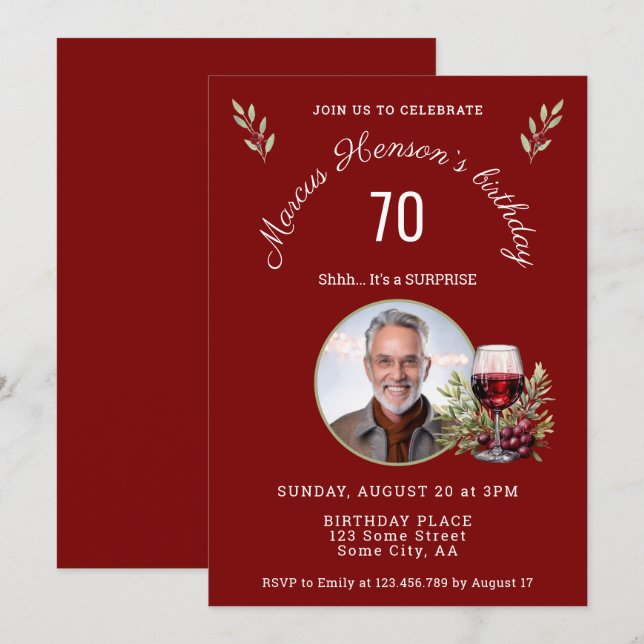 Invitation Verre rouge rustique Vin Olive 50e anniversaire Ph (Devant / Derrière)