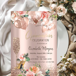 Invitation Verre, talons hauts, roses, ballons Quinceañera