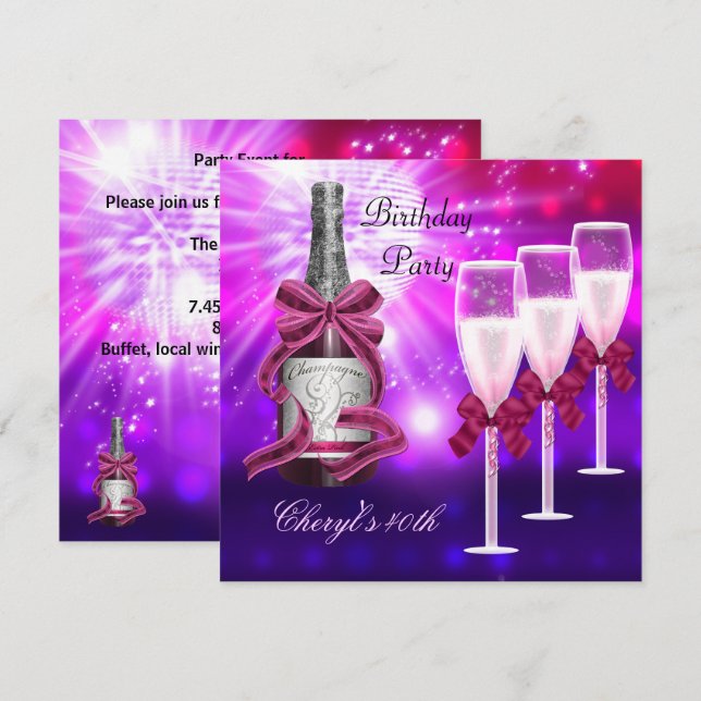 Invitation Verres à champagne rose pour 40e anniversaire (Devant / Derrière)