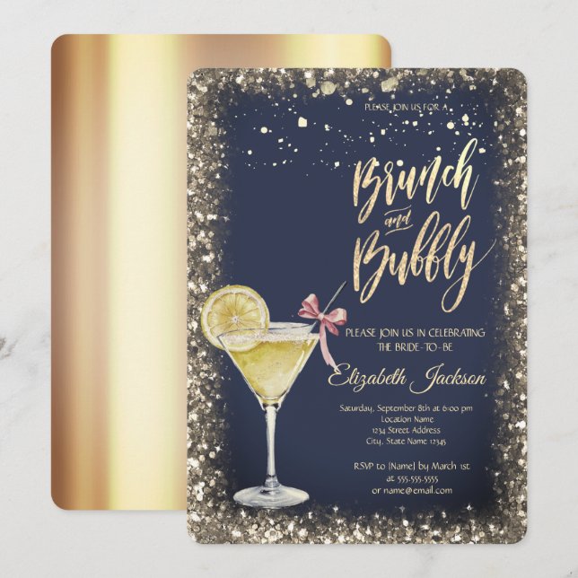 Invitation Verres à cocktail points dorés Citron Réception de (Devant / Derrière)