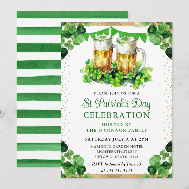 Invitation Verres de bière à l'aquarelle Saint-Patrick (Devant / Derrière)