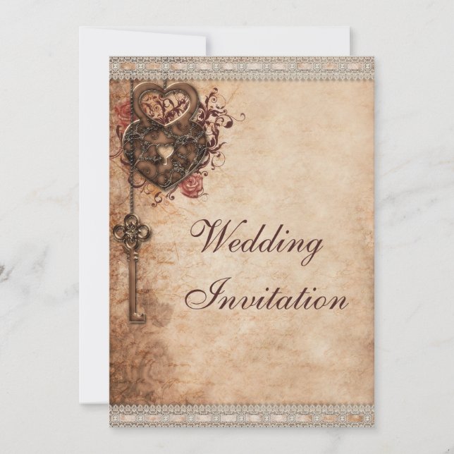 Invitation Verrouillage des coeurs vintages et Mariage clé (Devant)