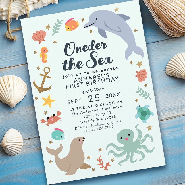 Invitation Vers la mer Océan Animaux Enfants Premier annivers (Créateur téléchargé)