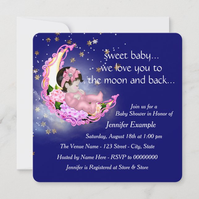 Invitation Vers le Baby shower Lune et Arrière (Devant)