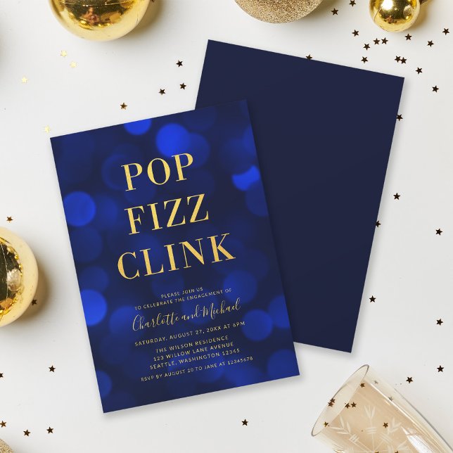 Invitation Versatile Blue Bokeh Gold Pop Fizz Clink Party (Créateur téléchargé)
