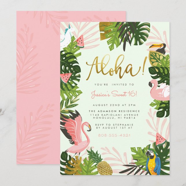Invitation Vert | Aloha Hawaii Tropical Gold Birthday Party (Devant / Derrière)