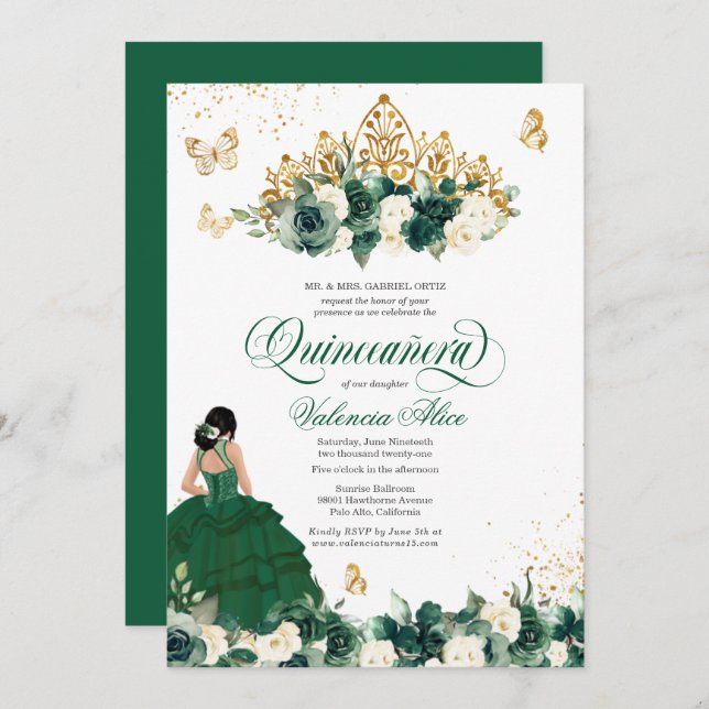 Invitation Vert aquarelle Fleurs papillon Quinceanera (Devant / Derrière)