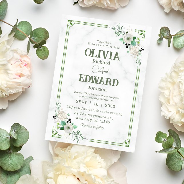Invitation Vert aquarelle Floral, Marbre Arrière - plan Maria (Créateur téléchargé)