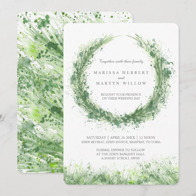 Invitation Vert aquarelle herbe sauge vert mariage (Devant / Derrière)