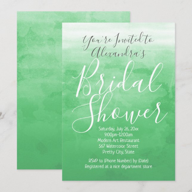Invitation Vert Aquarelle Ombre Fête des mariées moderne (Devant / Derrière)