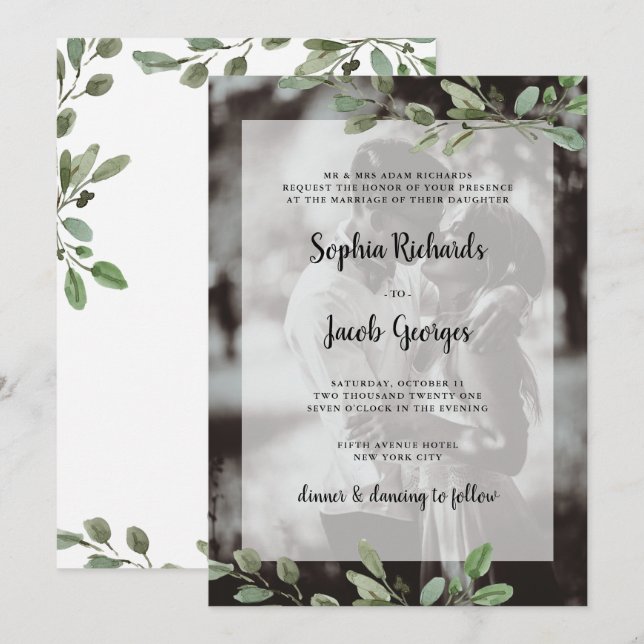 Invitation Vert aquarelle simple | Mariage photo (Devant / Derrière)