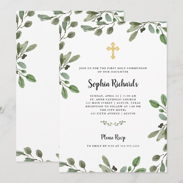 Invitation Vert aquarelle simple | Première sainte communion (Devant / Derrière)