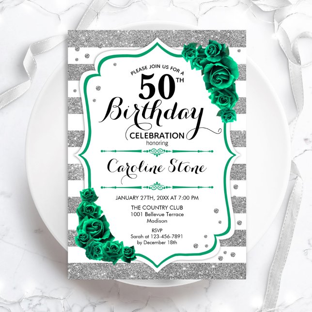 Invitation Vert Argent Blanc Stripes Floral 50e anniversaire (Créateur téléchargé)