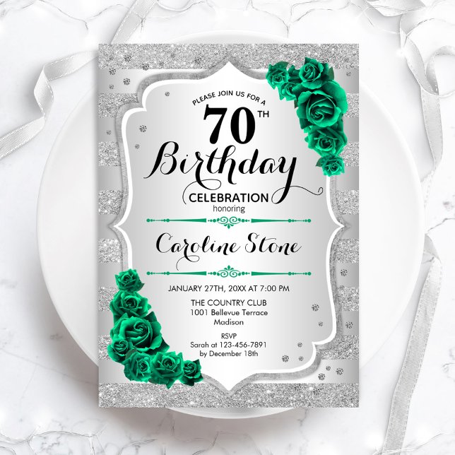 Invitation Vert Argent Élégant Floral 70e anniversaire (Créateur téléchargé)